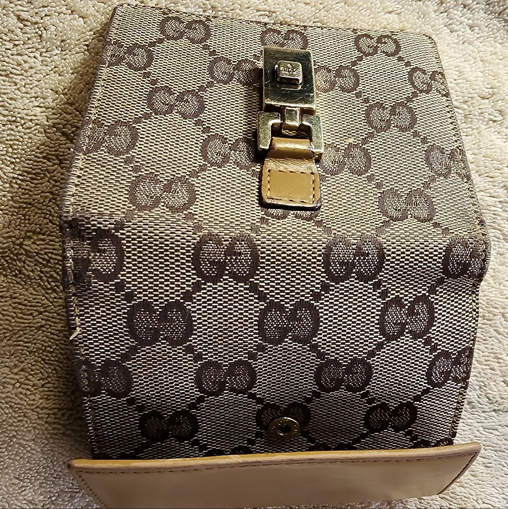 Gucci Vintage GG Monogram piston lock compact Tan Wallet GUC - Picture 7 of 15
